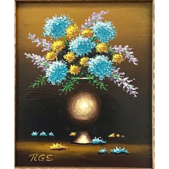 Blue Chrysanthemums Detailed Floral Painting with Vase by Roy Swanson - Picture 2 of 14